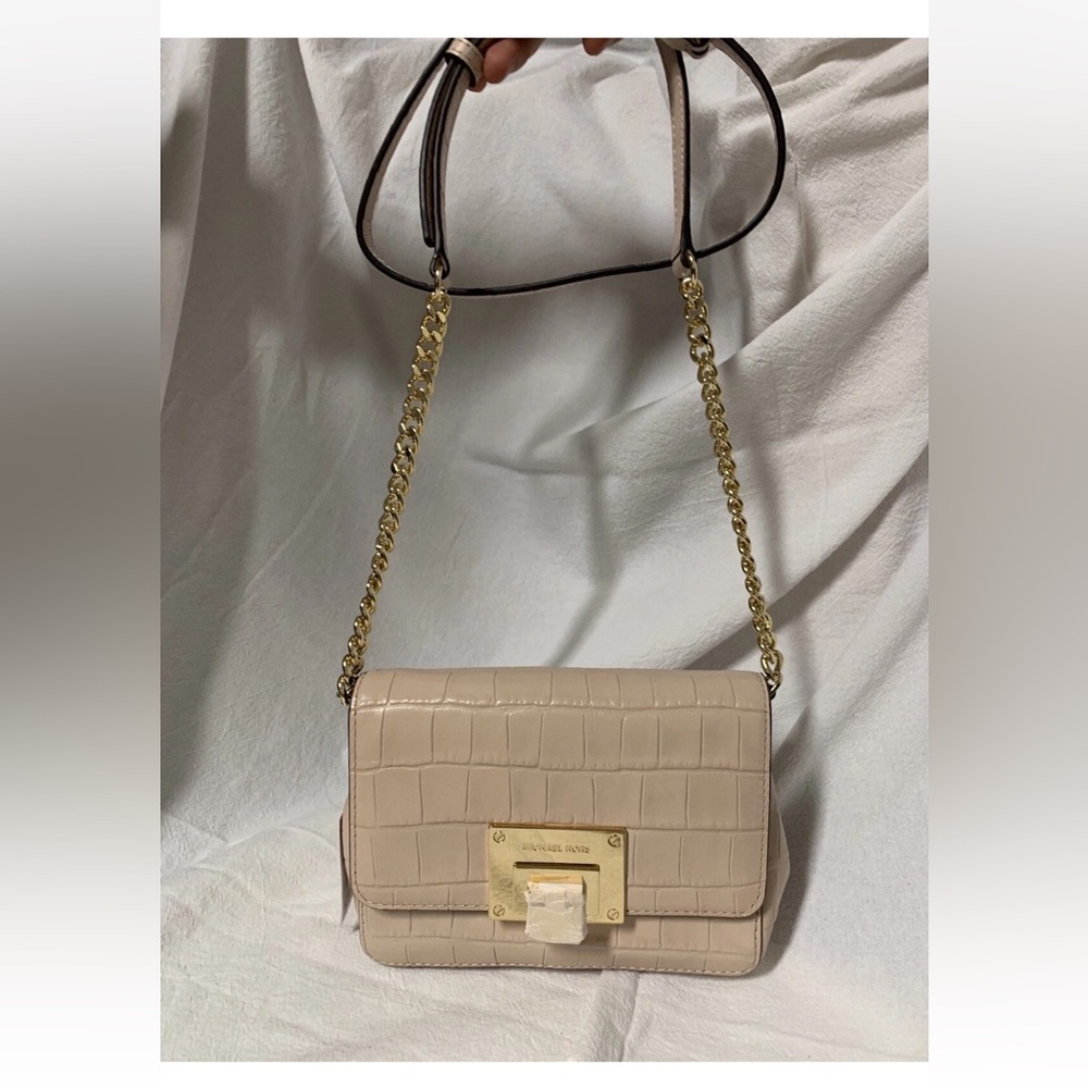 NWT Michael Kors Tina MK Embossed Leather Crossbody Bag Ballet Pink Small $268
